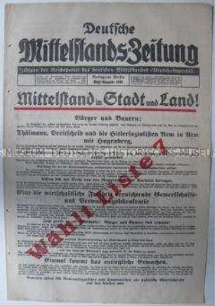 Sonderausgabe der Wochenzeitung der Wirtschaftspartei "Deutsche Mittelstands-Zeitung" zur Reichstagswahl 1930