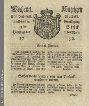 11tes Stueck, Dienstags den 31ten Martii 1772