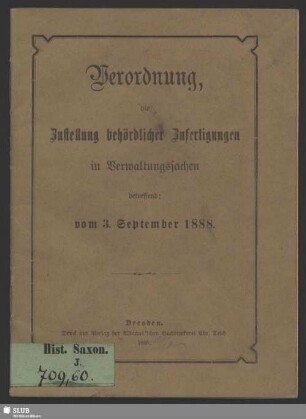 Verordnung die Zustellung behördlicher Zufertigungen Verwaltungssachen betreffend : vom 3. September 1888