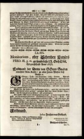 Lit. Hh. Monitorium, oder Schreiben Kaysers FERD. III. g. m. an sambtliche 13. Orth Löbl. Eydgnoßschafft Anno 1656.