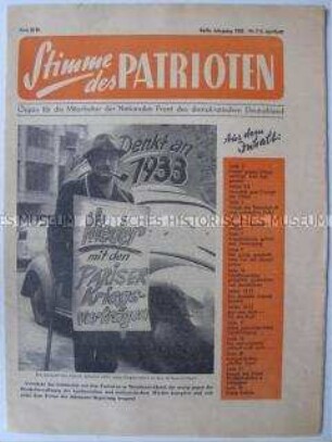 Funktionärszeitung der Nationalen Front "Stimme des Patrioten" u.a. mit Polemik gegen die Pariser Verträge