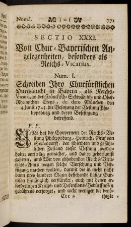 771-796, Sectio XXXI. Von Chur-Bayerischen Angelegenheiten, besonders als Reichs-Vicarius