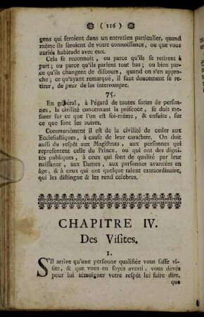 Chapitre IV. Des Visites. = Viertes Kapitel. Von Visiten oder Besuchungen.