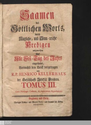Tomus III: ... Auf Alle Fest-Täg des Jahrs eingetheilet