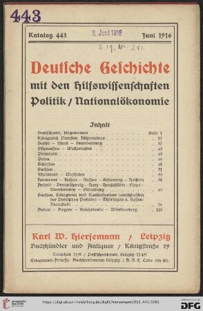 Nr. 443: Katalog: Deutsche Geschichte mit den hilfswissenschaften Politik/Nationalökonomie