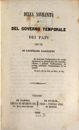 Della sovranità e del governo temporale dei papi