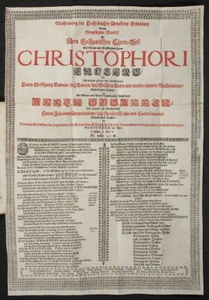 Beschreibung der Hochlöblichen Druckerey Erfindung/ Sambt Beygefügten Wunsch/ Zu Dem Hochzeitlichen Ehren-Fest Deß ... Christophori Endters/ Deß .. Wolffgang Endters/ desz Aeltern/ deß Grössern Raths und weitberühmten Buchhändlers/ Eheleiblichen Sohns/ Und der ... Annen Susannen/ Deß ... Johannis Doppelmaeiers ... Eheleiblichen Tochter/ Als Von denen Gesambteil der so genannten Alt-Endterischen Druckerey-Verwandten verfertiget/ und wolmeinend üebergeben