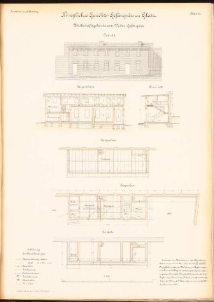 Gericht und Gefängnis, Glatz: Wirtschaftsgebäude zum Frauengefängnis: Ansicht, 2 Schnitte, Grundrisse Fundamente, EG, DG 1:100