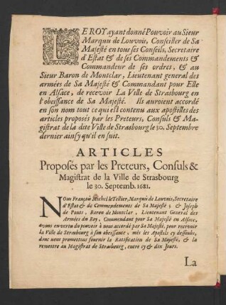 Articles Proposés par les Preteurs, Consuls & Magistrat de la Ville de Strasbourg le 30. Septemb. 1681.