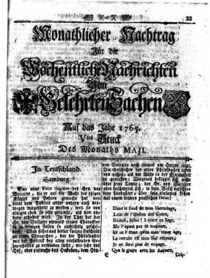 Monathliche Nachtrag [...] Auf das Jahr 1765 Vtes Stuck Des Monaths Maji