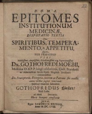 Epitomes Institutionum Medicinae. Disputatio Tertia De Spiritibus, Temperamento, & Appetitu
