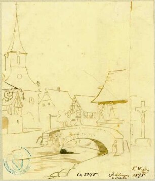 Jöhlingen Dorfbild mit Bogenbrücke und Pfarrkirche