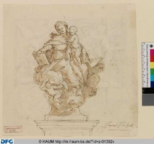 Maria mit dem Kind auf Wolken (als Skulptur auf Sockel dargestellt)