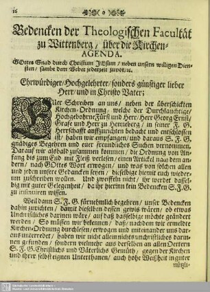 Bedencken der Theologischen Facultät zu Wittenberg, über die Kirchen-Agenda