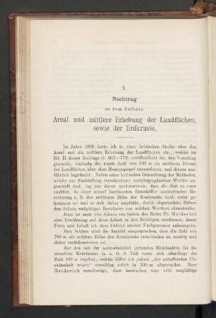 X. Nachtrag zu dem Aufsatz: Areal und mittlere Erhebung der Landflächen, sowie der Erdkruste