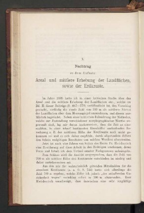 X. Nachtrag zu dem Aufsatz: Areal und mittlere Erhebung der Landflächen, sowie der Erdkruste