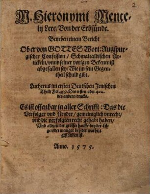 M. Hieronymi Mencelii Lere, Von der Erbsünde ...