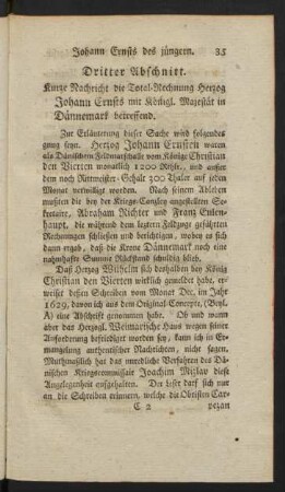 Dritter Abschnitt. Kurze Nachricht die Total-rechnung Herzog Johann Ernsts mit Königl. Majestät in Dännemark betreffend