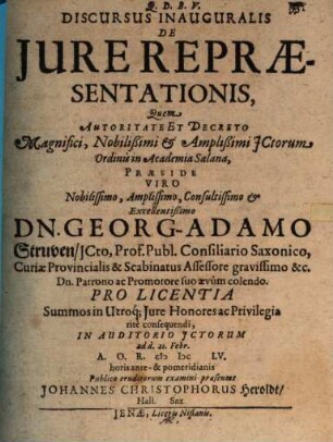 Discursus inaug. de iure repraesentationis