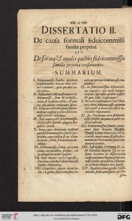 Dissertatio II: De causa formali fideicommissi familiæ perpetui