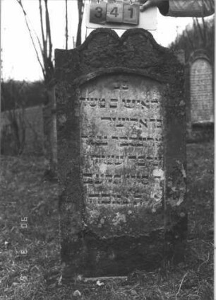 Grabstein 341 (Index: 99609065) Material: Sandstein Zustand: stärker verwittert Maße HxBxT: 126x62x10 cm Beschreibung: Stele, geschwungener Abschluß, Schriftfeld eingetieft mit Segmentbogenabschluß Symbolik: florale Motive: Grabstein 341