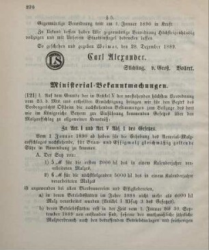121. Ministerial-Bekanntmachung, die Ausführung der höchsten Verordnung vom 23. Dezember 1889 betreffend