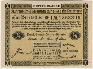 6 Reichsmark / 18 Reichsmark - ¼ Los, 3. Klasse