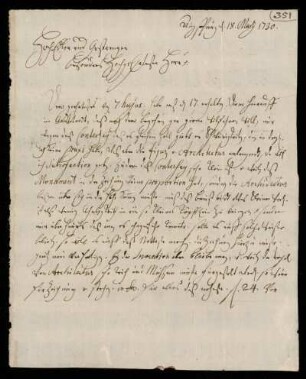 Brief von Johann August Corvinus an Johann Friedrich von Uffenbach, Augsburg, 18.3.1730