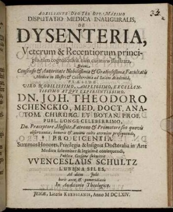 Disputatio Medica Inauguralis, De Dysenteria, Veterum & Recentiorum principiis, tum cognoscitivis tum curativis illustrata