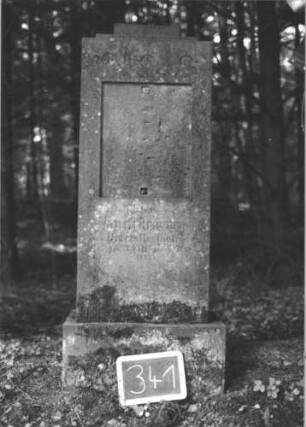Grabstein 341 (Index: 99895731) Material: Sandstein Zustand: gut, Schriftplatte fehlt Maße HxBxT: 154x52x22 cm Beschreibung: rechteckige Stele mit kleinem, sockelartigem Aufsatz; Sockel; rechteckige Schriftplatte (fehlt): Grabstein 341 (1)