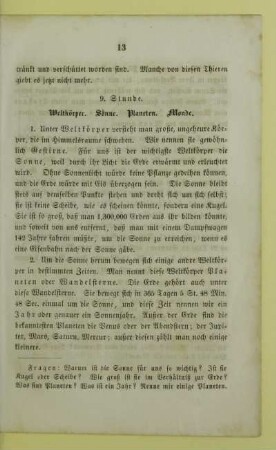 9. Stunde. Weltkörper. Sonne. Planeten. Monde
