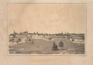 Stadtansicht von Leipzig mit Stadtbefestigung von Südosten, v. l. Pleißenburg, Peterstor, Moritzbastei und Grimmaisches Tor