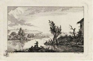 Serie von 14 Landschaften; Bl. 12: Angler und Jäger am Fluss