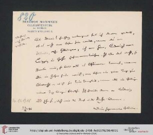 Briefwechsel Theodor Mommsen und Marie Mommsen geb. Reimer: Postkarte von Theodor Mommsen an Marie Mommsen