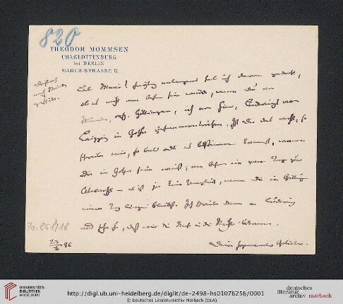 Briefwechsel Theodor Mommsen und Marie Mommsen geb. Reimer: Postkarte von Theodor Mommsen an Marie Mommsen