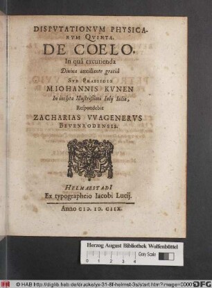 Disputationum Physicarum Quinta. De Coelo