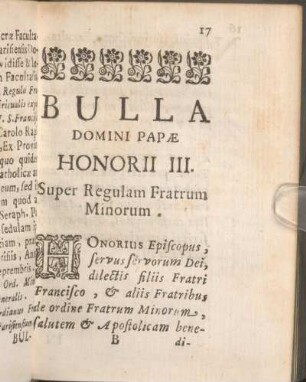 Bulla Domini Papae Honorii III. Super Regulam Fratrum Minorum.