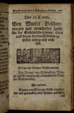 Das 37. Capitel. Von Mutter-Beschwerungen und mancherley Zufällen der Sechswöchnerinnen, ihnen und denen Kinder-Müttern zu wissen nöthig und nützlich.