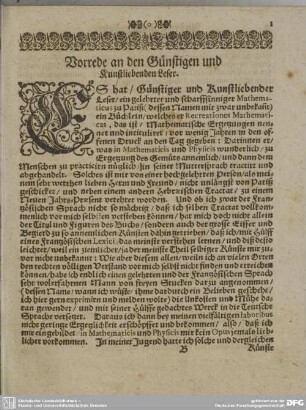 Vorrede an den Günstigen und Kunstliebenden Leser.