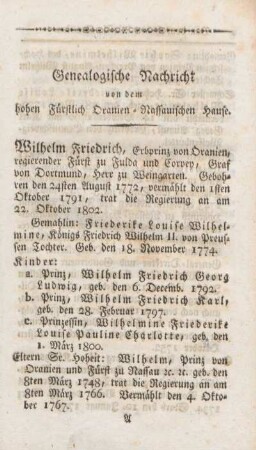 Genealogische Nachricht von dem hohen Fürstlich Oranien-Nassauischen Hause.