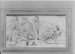 Szene mit einer Dianastatue, Quellennymphe, Ebrfell und einem Frauenraub