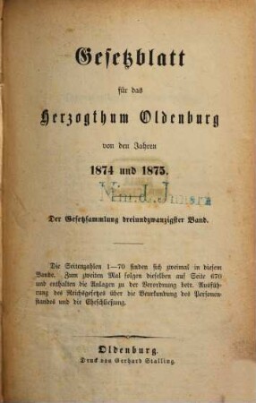 Gesetzblatt für das Herzogtum Oldenburg : von den Jahren .... 23. 1874/75
