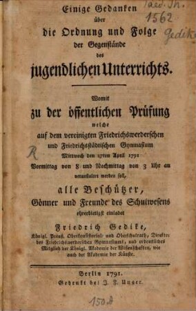 Einige Gedanken über die Ordnung und Folge der Gegenstände des jugendlichen Unterrichts