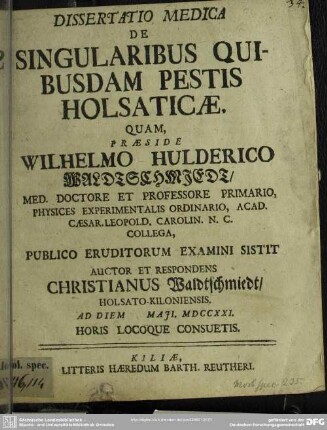 Dissertatio Medica De Singularibus Quibusdam Pestis Holsaticae