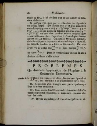 Problemes Qui donnent l'application de l'Algebre à la Geometrie Elementaire.