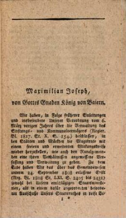 Königl. Verordnung die künft. Verfassung und Verwaltung der Gemeinden im Kr. B. betr.