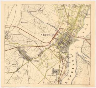 Bebauungsplan der Stadterweiterung, Neuruppin 1. Projekt. Eisenbahnplanung: Karte von Neuruppin und näherer Umgebung mit Eintragung der Verkehrslinienführung und Grünzugplanung 1:10000 (Druck der vergrößerten Messtischkarte 1:25000, vgl. Inv.Nr. 21167) mit Entwurfseinzeichnung