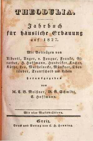 Theodulia : Jahrbuch für häusliche Erbauung. 1827