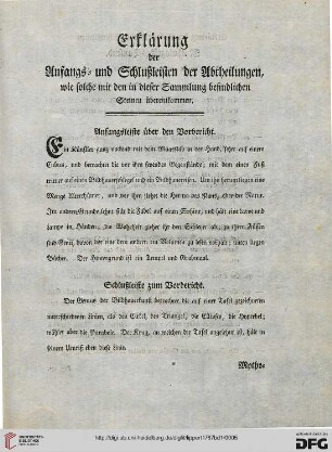 Erklärung der Anfangs- und Schlußleisten der Abtheilungen, wie solche mit den in dieser Sammlung befindlichen Steinen übereinkommen