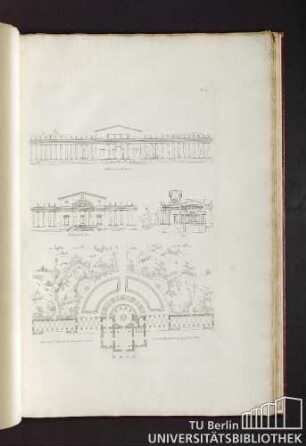 Pl. 4. Élévation a l'oposé du parc. Élévation sur le parc. Plan coupe et elevations d'un des petits pavillions placés autour du chateau de plaisance du projet de Mr Sobre.